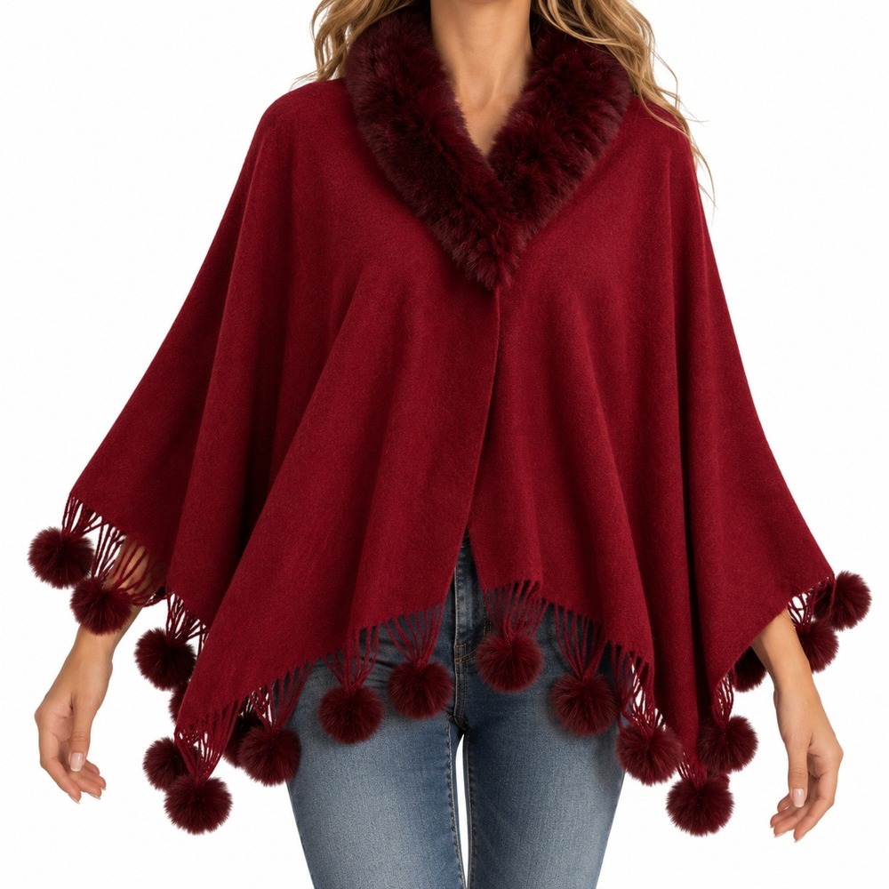 Pretty Persuasions Burgundy Red Faux Fur Collar Pom Pom Fringe Poncho Wrap